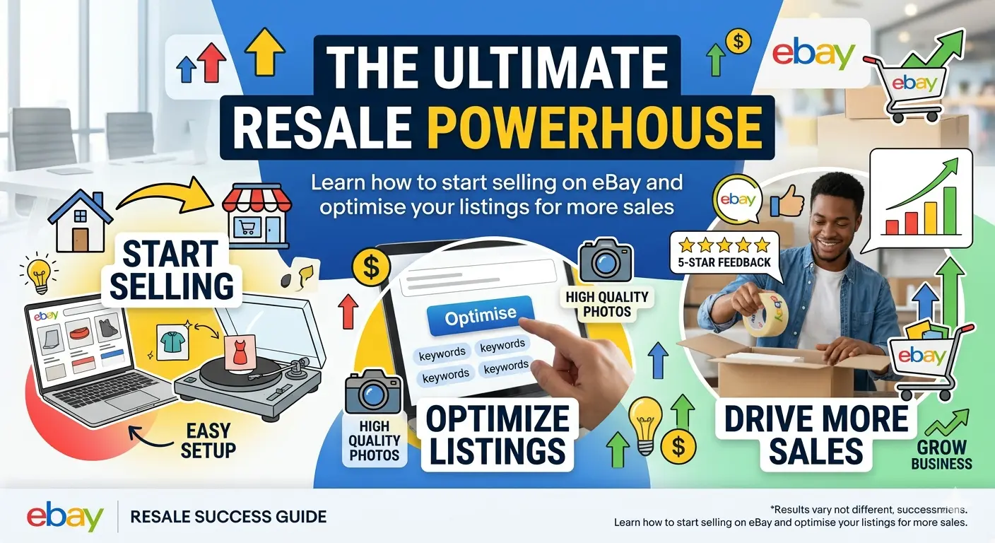 Displays illustrations of a house pointing to a retail shop, a laptop showing an online store listing clothing, and an old-fashioned turntable. A prominent label reads "START SELLING" and "EASY SETUP.