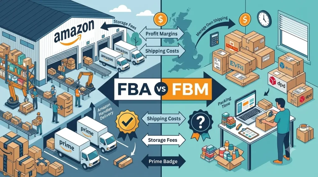 Amazon FBA vs Merchant Fulfilled (FBM) comparison showing fulfilment costs and profit margins for UK sellers