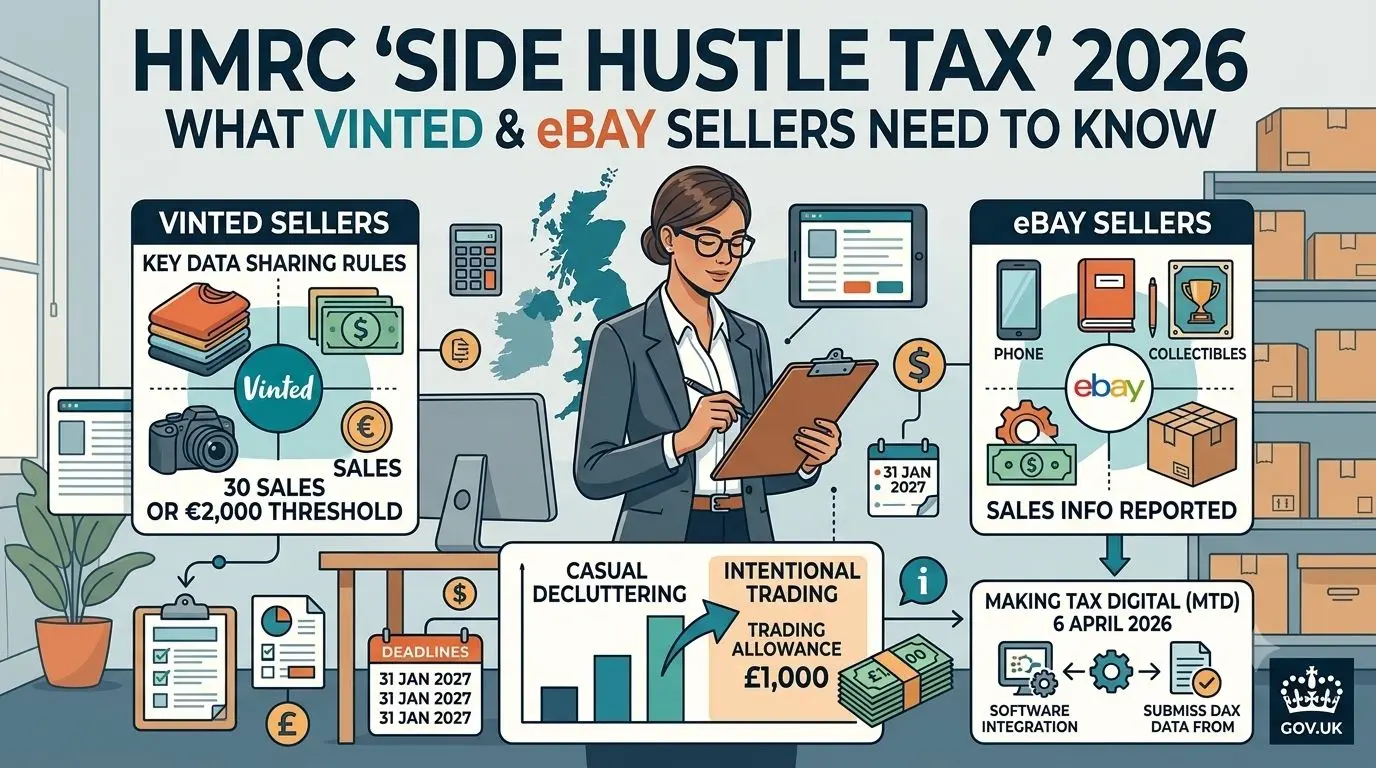 HMRC Side Hustle Tax 2026 infographic illustrating Vinted and eBay data reporting rules, the £1,000 trading allowance, and MTD guidelines for UK sellers.