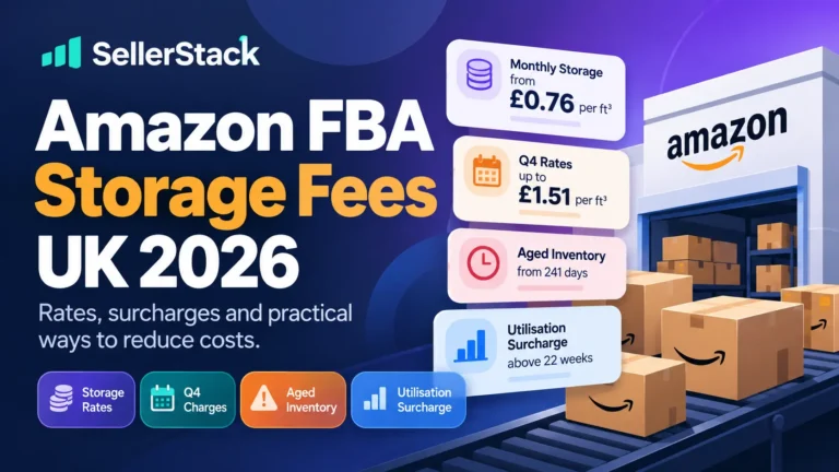 Amazon FBA storage fees UK 2026 guide covering monthly storage, Q4 rates, utilisation and aged inventory surcharges