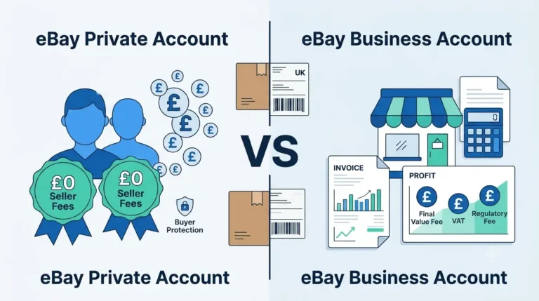 Illustration comparing eBay Private and Business Account fees for UK sellers in 2026, including seller fees, Buyer Protection Fee, VAT, and business costs.