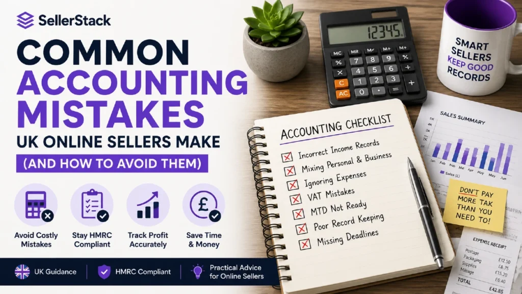 Common accounting mistakes UK online sellers should avoid, with calculator, sales records and bookkeeping checklist.