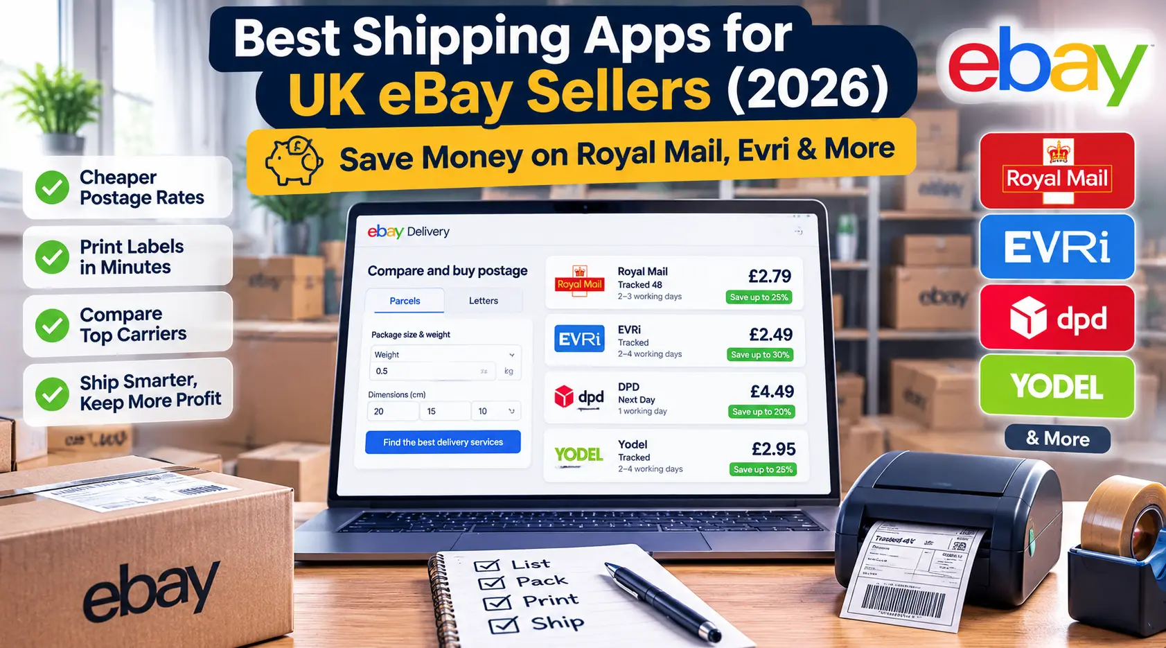 Best shipping apps for UK eBay sellers comparing Royal Mail, Evri, DPD and other delivery services