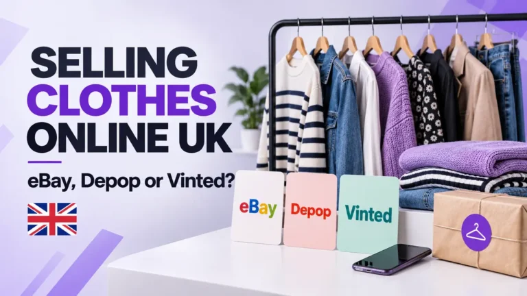Clothing rail comparing eBay, Depop and Vinted for selling clothes online in the UK