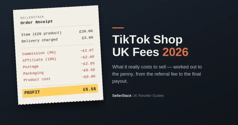 Till receipt showing TikTok Shop UK fees: commission, affiliate, postage and packaging costs against a £20 sale