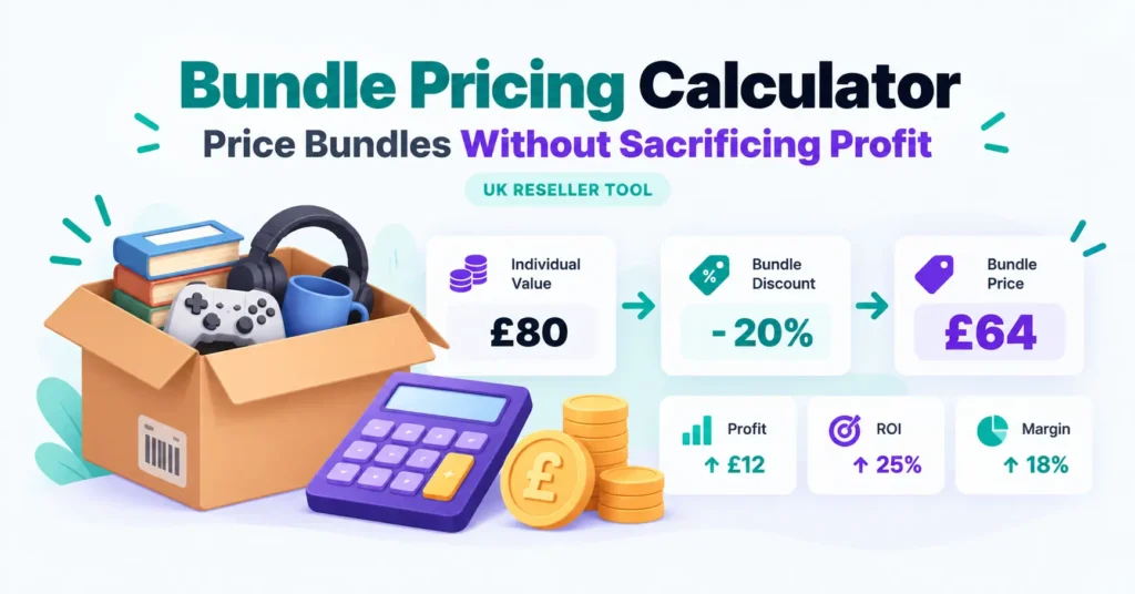 Bundle Pricing Calculator for UK resellers showing bundle value, discount, selling costs, profit, ROI and margin