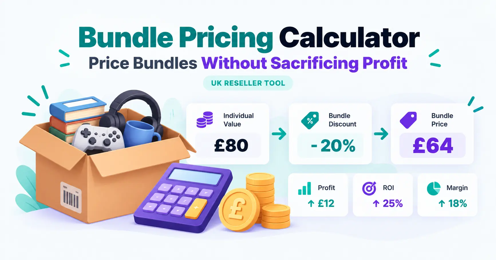 Bundle Pricing Calculator for UK resellers showing bundle value, discount, selling costs, profit, ROI and margin
