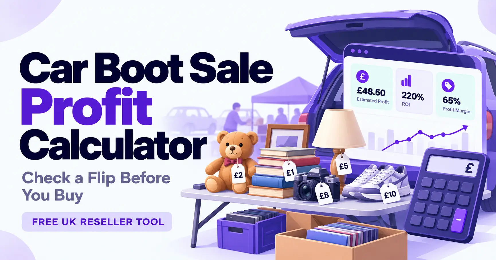 Car Boot Sale Profit Calculator for UK resellers showing estimated profit, ROI, profit margin and car boot sale sourcing items
