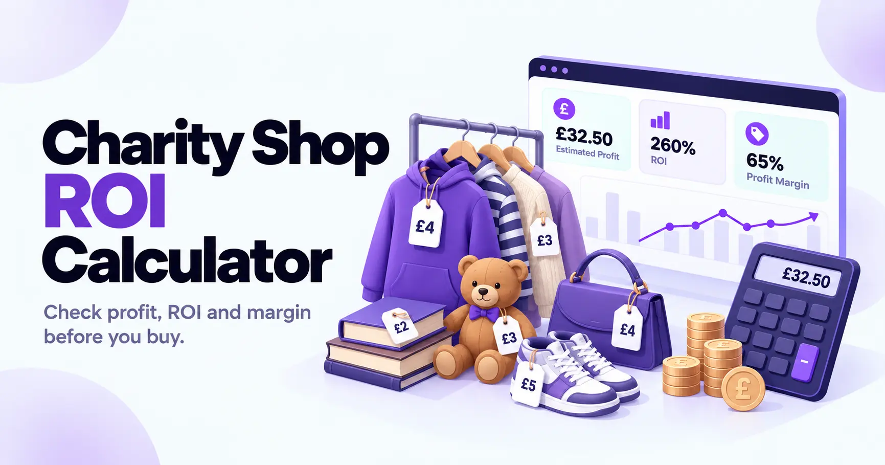 Charity Shop ROI Calculator for UK resellers showing estimated profit, ROI, profit margin and resale sourcing items