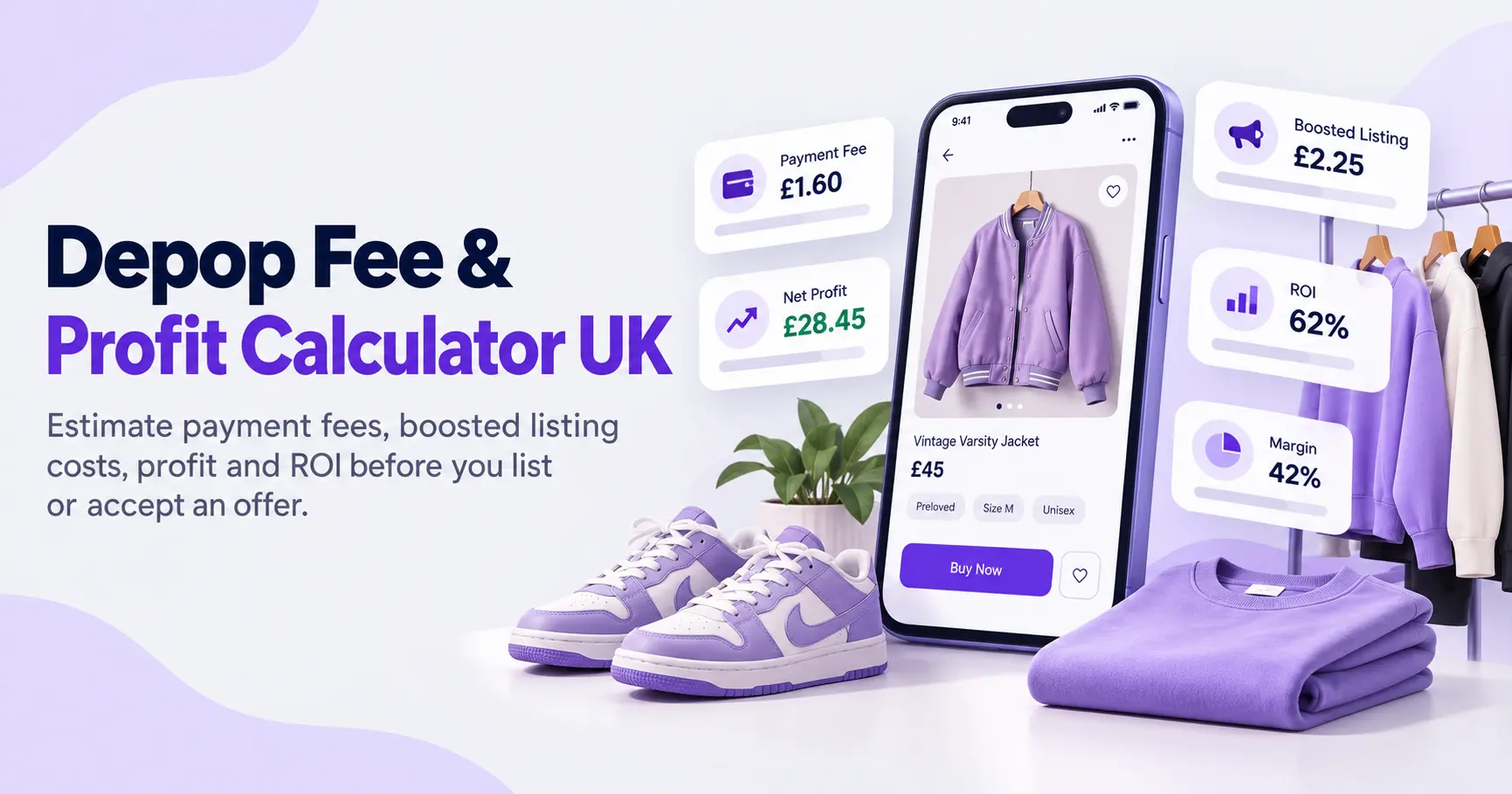 Depop fee and profit calculator UK showing payment fees, boosted listing cost, net profit, ROI and profit margin