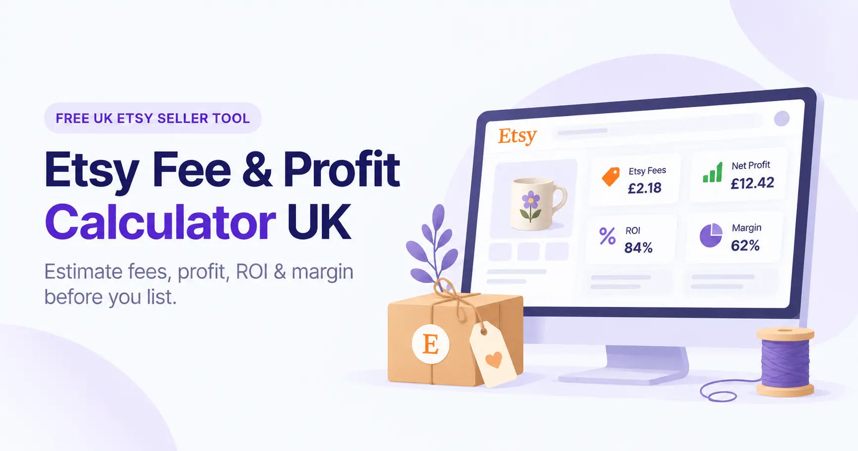 Etsy fee and profit calculator UK showing estimated Etsy fees, net profit, ROI and profit margin