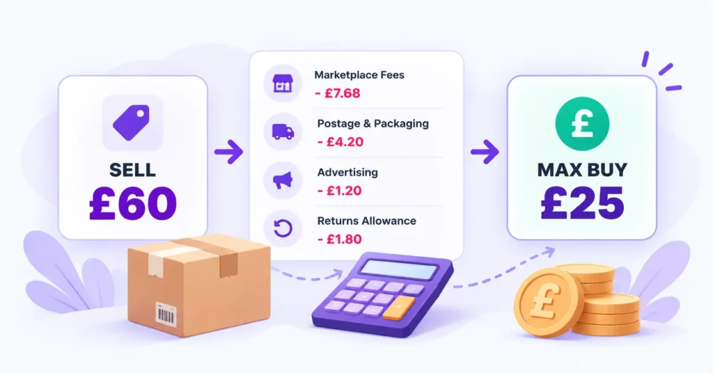 Maximum Buy Price Calculator for UK resellers showing selling price, costs and a safe stock buying limit