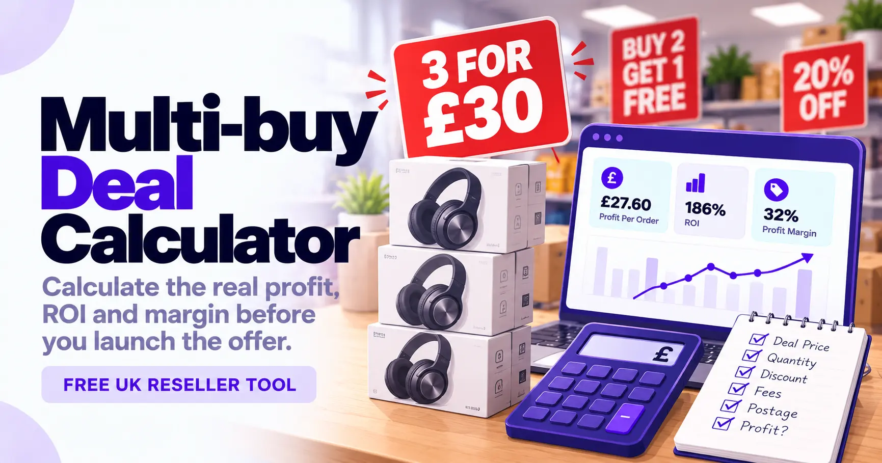 Multi-buy Deal Calculator for UK resellers showing a 3 for £30 offer, profit per order, ROI and profit margin