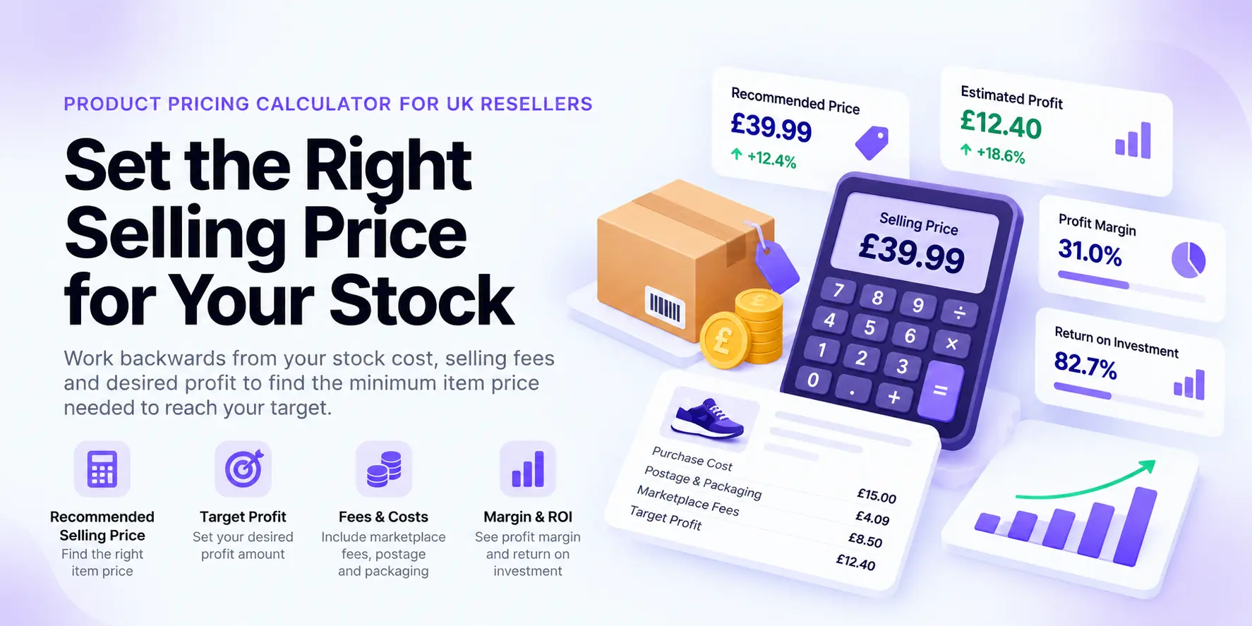 SellerStack Product Pricing Calculator showing recommended selling price, target profit, fees, profit margin and ROI