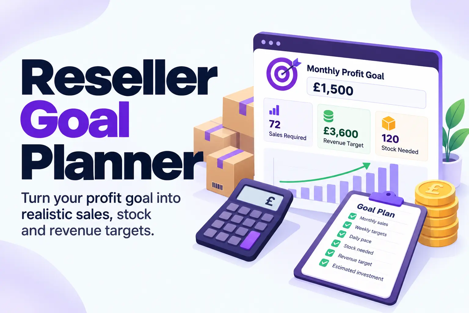 SellerStack Reseller Goal Planner showing monthly profit target, sales required, revenue target and stock investment