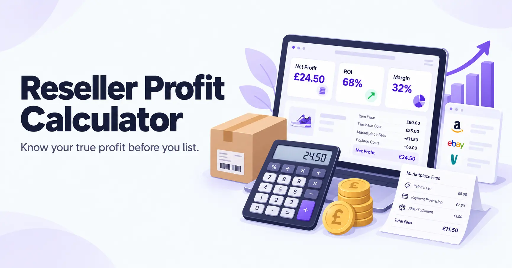 SellerStack Reseller Profit Calculator showing net profit, ROI, margin and marketplace selling costs