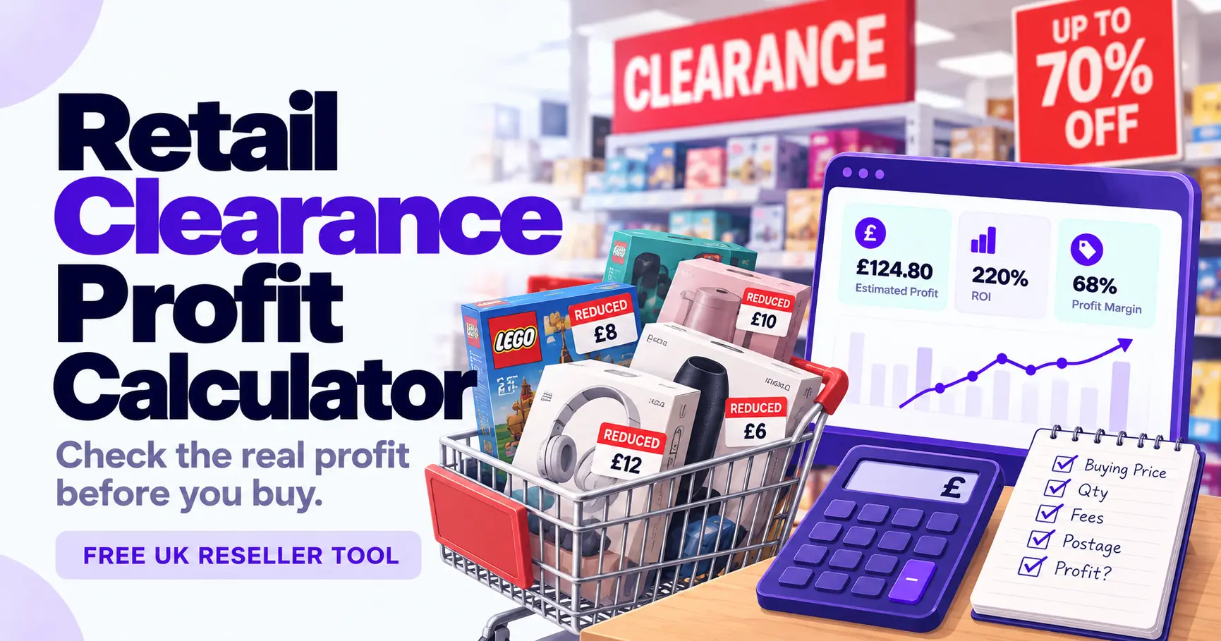 Retail Clearance Profit Calculator for UK resellers showing discounted stock, estimated profit, ROI and profit margin
