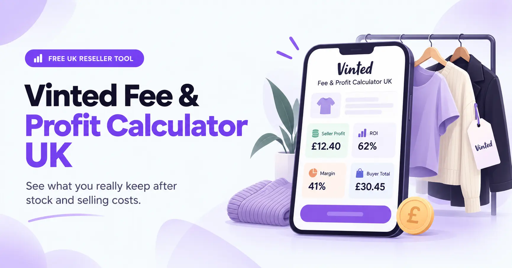 Vinted fee and profit calculator UK showing seller profit, ROI, profit margin and estimated buyer total